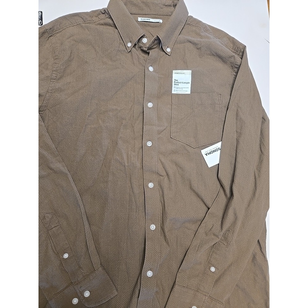 NWT Sonoma Goods For Life "The Perfect-Length" Shirt Mens Large Brown Microdot